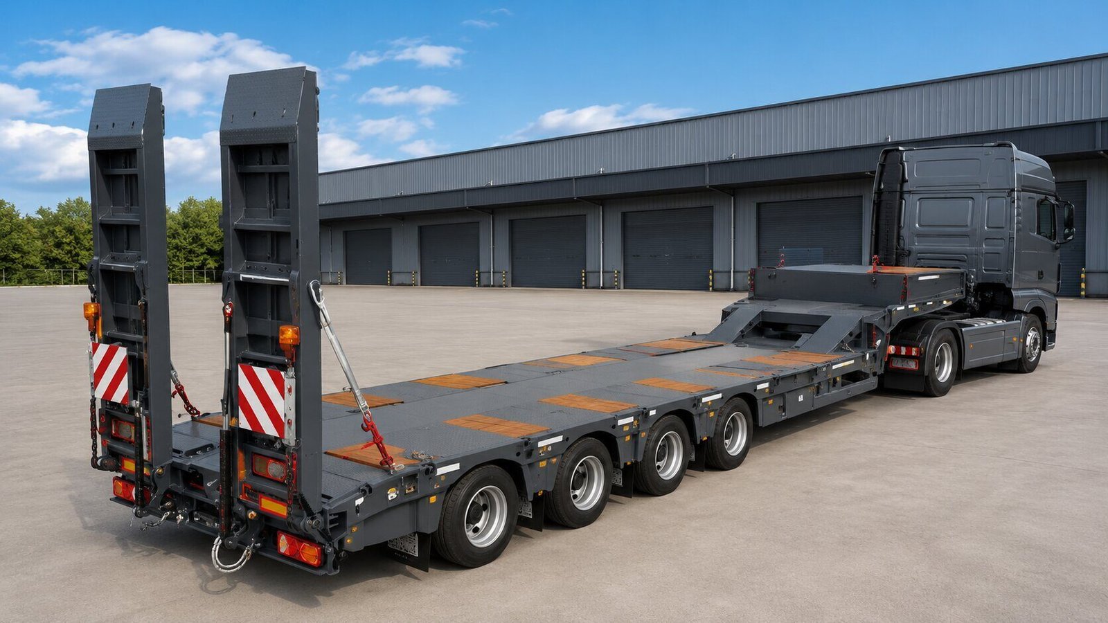 Porte-engins surbaissé extensible et élargissable